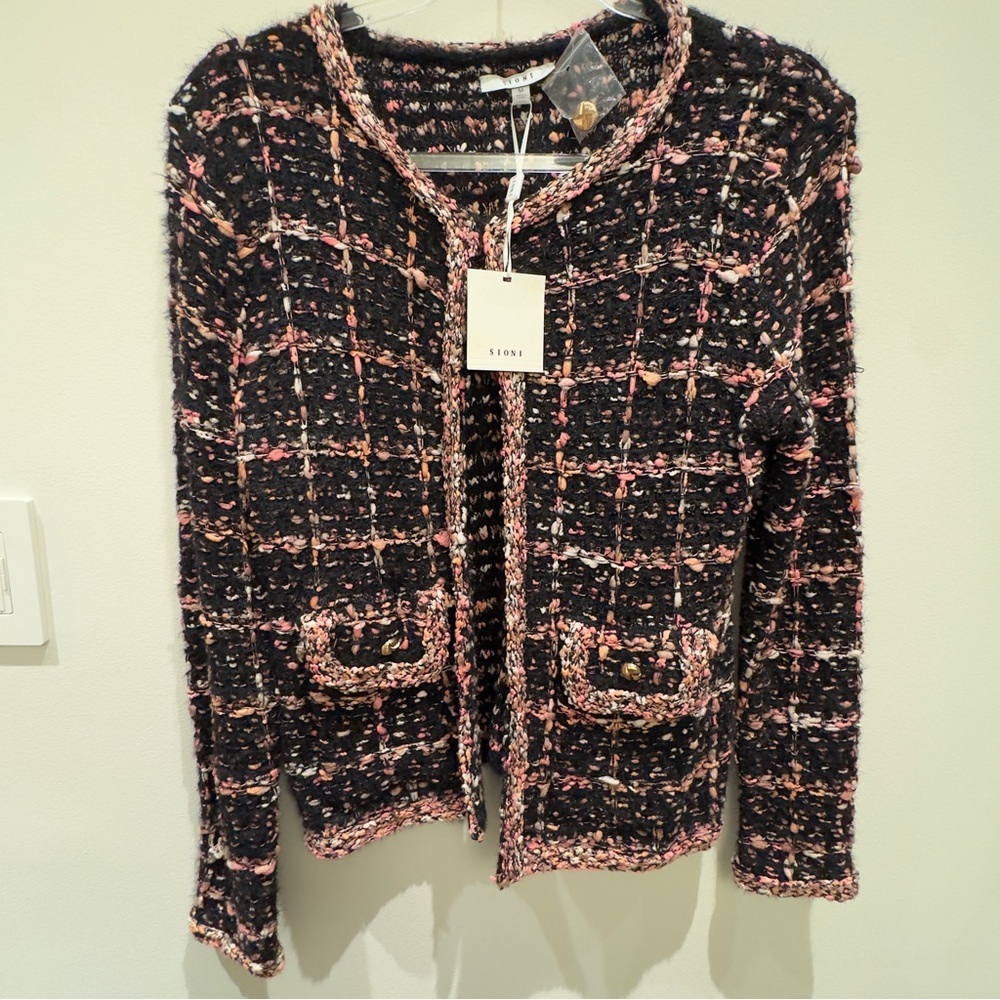 NWT- Sioni Black, Pink, Orange & White Tweed Cardigan Size Medium Women’s